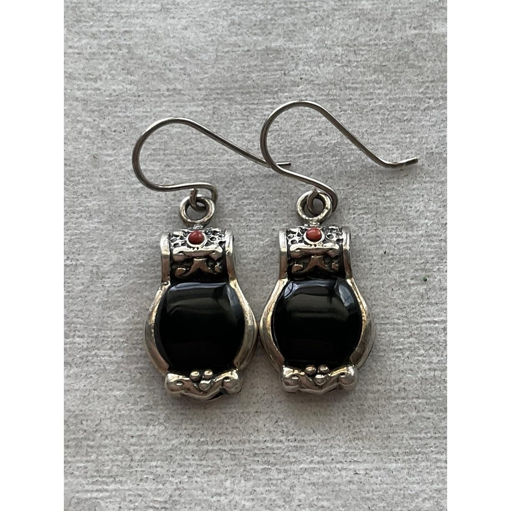 vintage dangle 925 Sterling Silver Black Onyx Coral Accent earrings